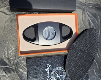 Grey Double Blade Cigar Cutter, Heavy Duty Surgical Steel, Gift Box & Leather Pouch