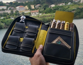 Full-Grain Leather Cigar Case, Yellow/Black, Travel Humidor