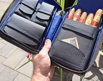 Cobalt Blue Full-Grain Leather Cigar Case, 6-Cigar Travel Humidor