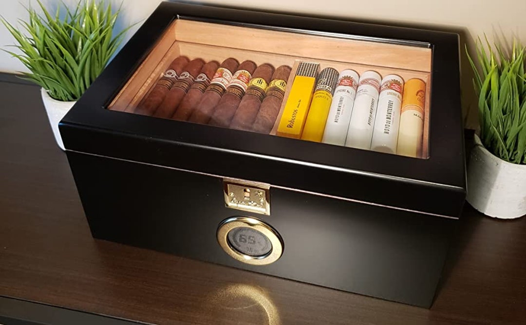 Black Showcase 120 Cigar Humidor by Cigar Star Digital Hygrometer