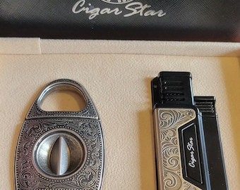 V-Cut Cigar Cutter Lighter with Punch Gift Set Cigar Star Razor Sharp.