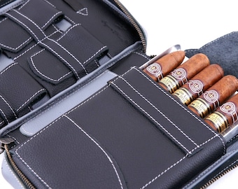 Full-Grain Leather Cigar Travel Case, 6-Cigar Capacity, Black & Grey