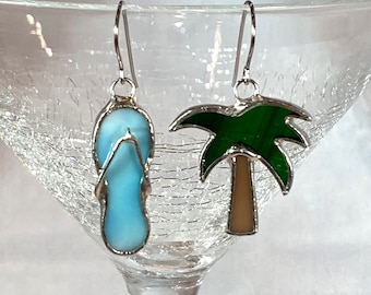 Stained Glass Flip Flop and Palm Tree Earrings ( Lead Free Solder ) - Ready to ship