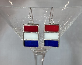 Stained Glass Red/White/Blue Rectangle Earrings (Lead Free) - Ready to Ship