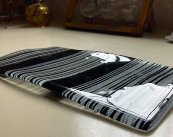 Fused Glass Black/White/Clear Thread Sushi Plate - Ready to ship