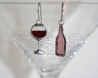Stained Glass Wine Bottle and Glass Earrings (Lead free)