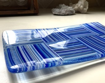 Fused Glass Blue Criss Cross Thread Pattern Plate - Ready to ship