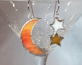 Stained Glass Moon and Stars Earrings (Lead Free) - Ready to Ship