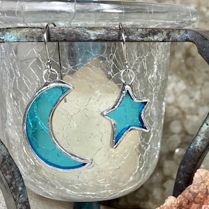 Small Stained Glass Moon and Star Earrings (Lead Free) - Ready to Ship