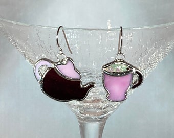 Stained Glass Teapot and Cup Earrings - Ready to Ship (Lead Free)