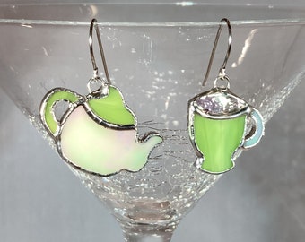 Stained Glass Teapot and Cup Earrings - Ready to Ship (Lead Free)