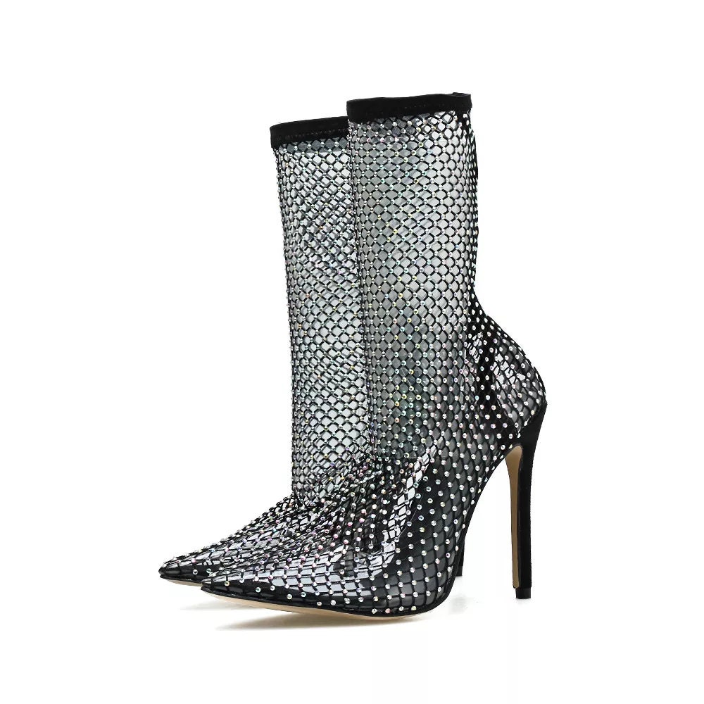 Mesh Fishnet Rhinestone Ankle Boot 