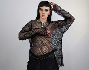 Transparent mesh top long sleeve sheer jumper net sweatshirt see-through punk jumper thin going out party t-shirt catwalk tee in black