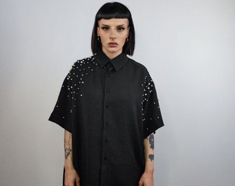 Faux pearl embellished  shirt short baggy sleeves catwalk blouse high fashion grunge jumper fancy dress party top in black