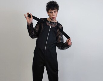 Gothic dungarees zip up punk boilersuit utility coveralls raver overalls going our britches   fancy dress trousers catwalk jumpsuit in black