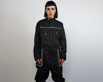 Utility boilersuit reflective coveralls cargo pocket racing jumpsuit zip up punk dungarees going out one-piece suit catwalk smock in black