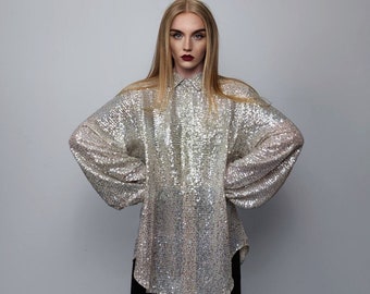 Sequin shirt glitter blouse shiny jumper long sleeve textured top embellished sweat party top button up retro festival top metallic silver