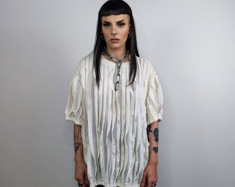 Fringed t-shirt textured grunge top see-through punk tee unusual transparent gothic tshirt catwalk jumper in cream