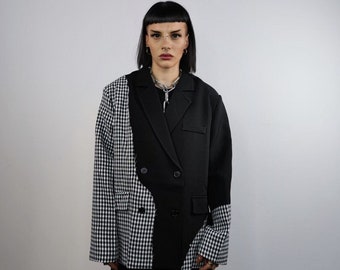 Check print blazer houndstooth jacket reworked catwalk coat high fashion plaid bomber contrast stitching gingham blazer in black and white