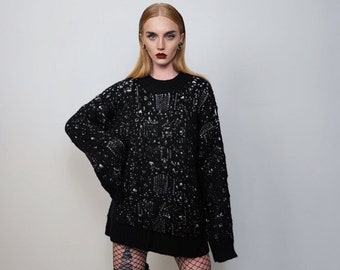 Ripped knitted sweater shredded jumper distressed knitwear top hole punch sweatshirt knit rocker dress in black