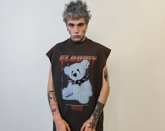 Punk bear sleeveless t-shirt teddy tank top choker print tee grunge gothic top retro surfer vest rocker jumper in grey