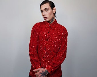 Sequin embellished shirt long sleeve glitter blouse shiny fancy dress top going out sweatshirt boho sparkly jumper in red
