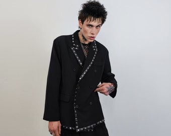 Studded gothic suit faux leather finish tuxedo catwalk costume punk wedding outfit high fashion prom coat utility jacket trousers set black