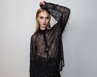 Transparent mesh shirt long sleeve tassels sheer blouse grunge catwalk jumper party see-through top curved button up festival top in black