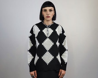 Pull à gros carreaux tricoté pull d'échecs haut en damier SKA tricot sweat à bascule en noir et blanc