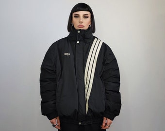 Utility bomber jacket striped puffer gorpcore coat techno varsity punk coat grunge jacket in black