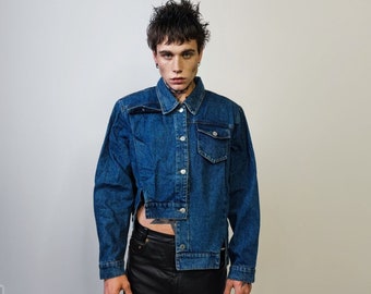 Asymmetric denim jacket reworked grunge jean bomber stitched raver coat unisex premium biker jacket skater top in blue