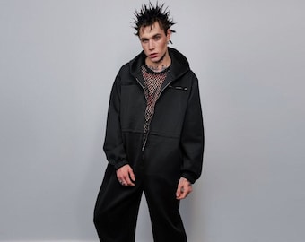 Hooded utility boilersuit workwear coveralls zip up racing jumpsuit cyber punk dungarees going out one-piece suit catwalk smock in black