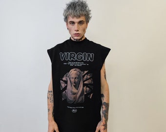 Gothic sleeveless t-shirt virgin slogan tank top saint print tee creepy jumper retro surfer vest in black