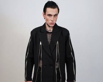 Utility blazer extreme zippers jacket gorpcore bomber punk coat going out varsity fancy dress coat catwalk jacket in black