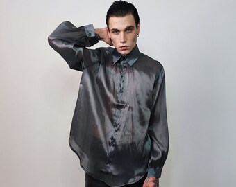 Shiny smart shirt long sleeve transparent blouse see-through oversize going out top sheer sweatshirt in silver grey