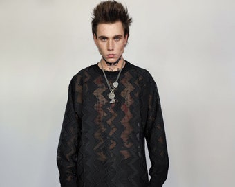 Mesh top long sleeve transparent jumper see-through gothic sweatshirt crotchet t-shirt in black