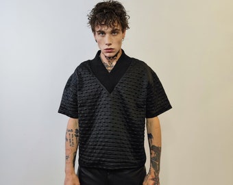Textured V-neck t-shirt catwalk gothic top grunge rocker tee utility jumper unusual gorpcore pullover in black