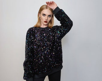 Sweat-shirt à paillettes, haut à paillettes, pull scintillant, pull de fête, haut à manches longues glam rock, pull orné, violet noir