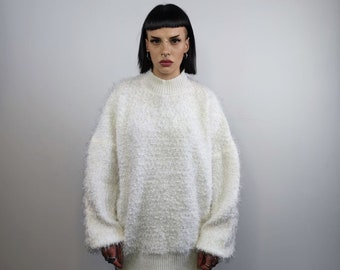 Fluffy sweater fluffy long hair jumper going out top party turtleneck fancy dress knitted blouse fringed punk sweatshirt in white