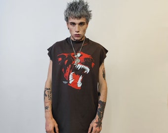 Doberman sleeveless t-shirt angry dog tank fangs print tee grunge punk top retro surfer vest Halloween jumper in grey