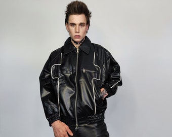 Veste de moto en similicuir avec surpiqûres contrastées, veste de motard premium rocker varsity 80s racing college bomber en noir