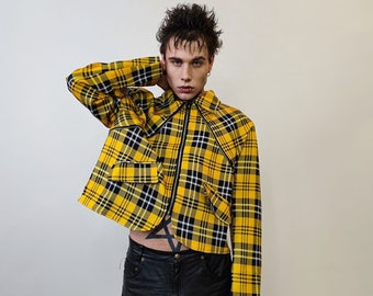 Punk tartan jacket plaid print grunge bomber catwalk gingham varsity jacket rocker bomber metalcore coat premium clueless blazer in yellow