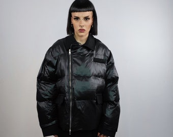 Asymmetric bomber jacket collared puffer quilted high fashion Gothic coat unusual grunge padded aviator jacket in solid shiny black