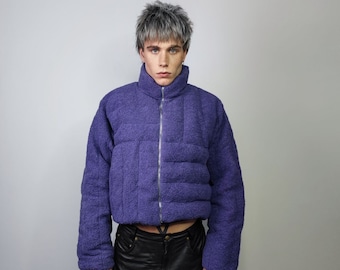 Cropped fleece jacket Asymmetric fluffy bomber box fit geometric coat raised neck aviator jacket quilted pattern short track jacket purple
