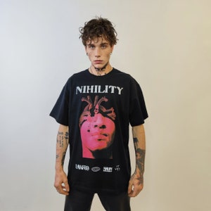 Gothic print t-shirt Nihility slogan tee grunge punk top 80s pattern jumper in black image 1