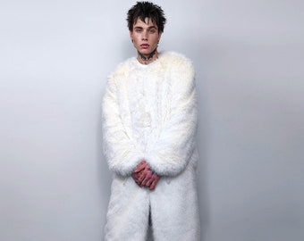 Long faux fur coat handmade longline fluffy luxury rave bomber premium party fleece jacket detachable sleeve going out trench in white cream