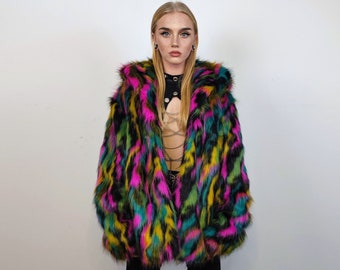 Hooded faux fur striped neon jacket zebra bomber raver puffer fluffy tie-dye fleece festival trench burning man going out overcoat in black