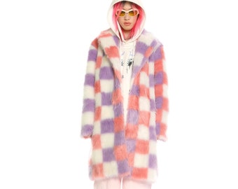 Checked shaggy fur longline coat geometric pattern jacket rave bomber fluffy festival coat fleece party bomber pastel burning man coat pink