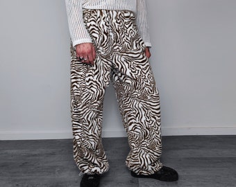 Faux fur zebra joggers animal print pants handmade stripe fleece raver trousers premium party overalls in zigzag festival pants brown white