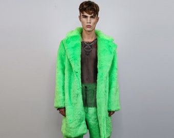 Neon faux fur longline coat shaggy trench bright raver bomber fluffy winter fleece festival jacket burning man coat in green